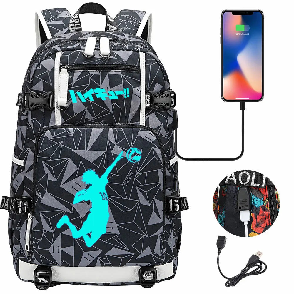 Luminous Anime Haikyuu!! USB Boy Girl Kids Book School Bags Large Capacity Teenagers Schoolbags Women Men Travel Laptop Backpack