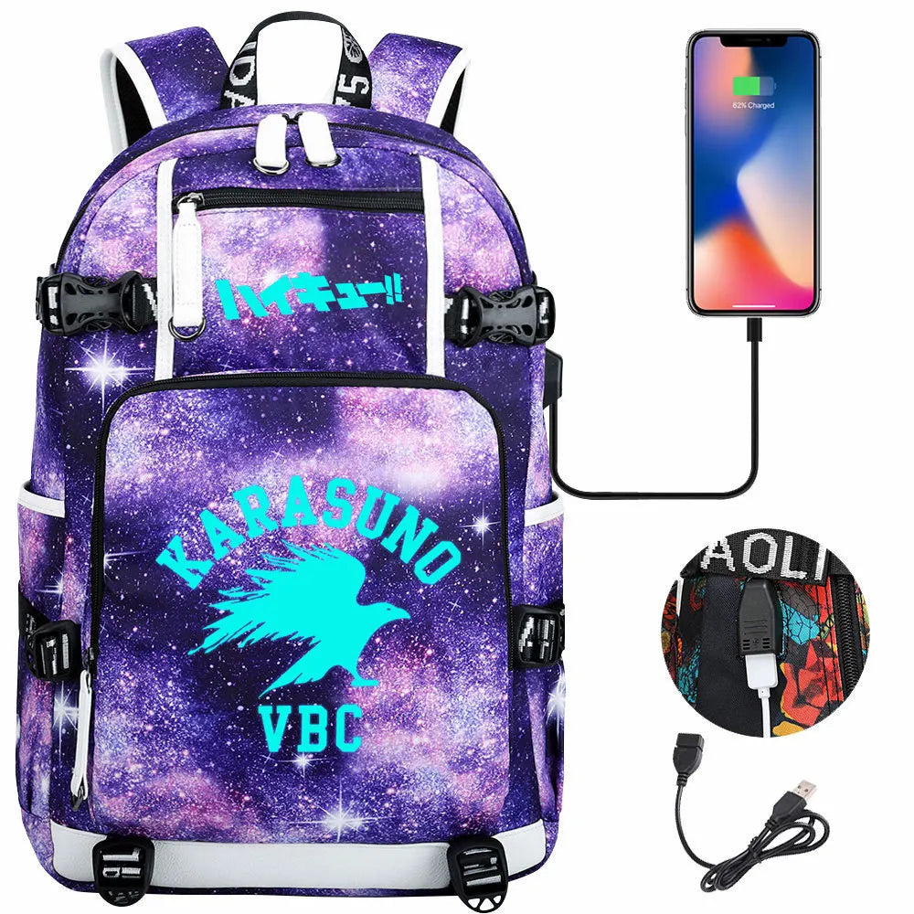 Luminous Anime Haikyuu!! USB Boy Girl Kids Book School Bags Large Capacity Teenagers Schoolbags Women Men Travel Laptop Backpack