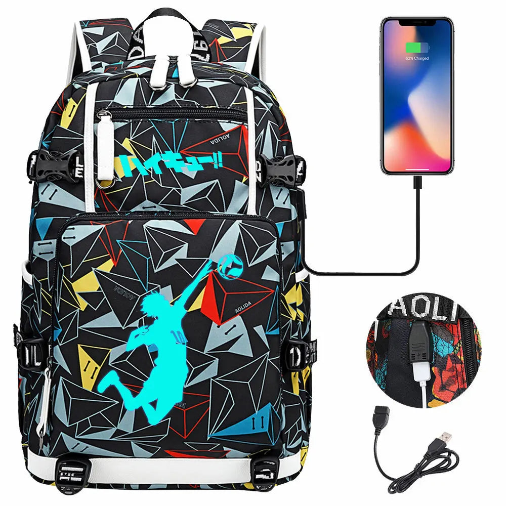 Luminous Anime Haikyuu!! USB Boy Girl Kids Book School Bags Large Capacity Teenagers Schoolbags Women Men Travel Laptop Backpack