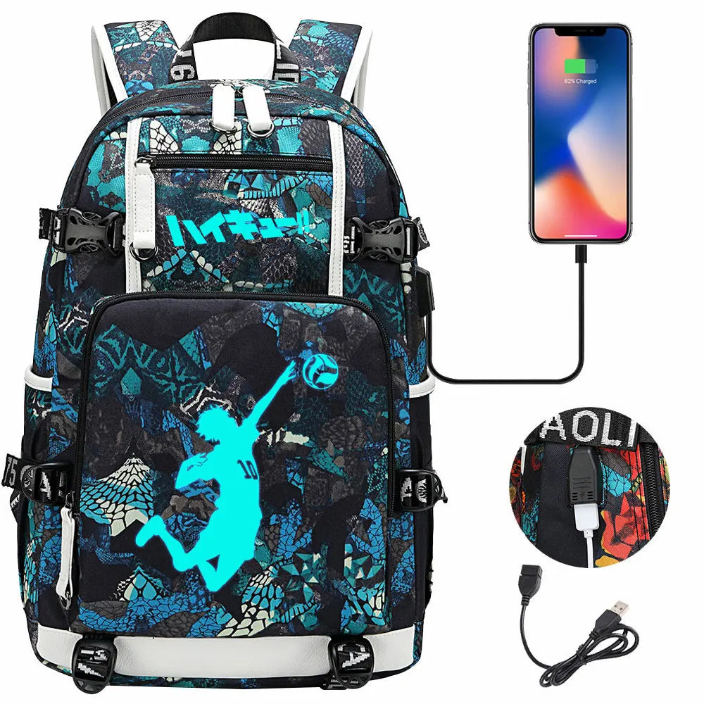 Luminous Anime Haikyuu!! USB Boy Girl Kids Book School Bags Large Capacity Teenagers Schoolbags Women Men Travel Laptop Backpack