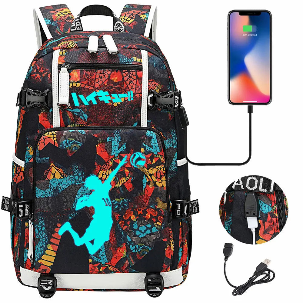 Luminous Anime Haikyuu!! USB Boy Girl Kids Book School Bags Large Capacity Teenagers Schoolbags Women Men Travel Laptop Backpack