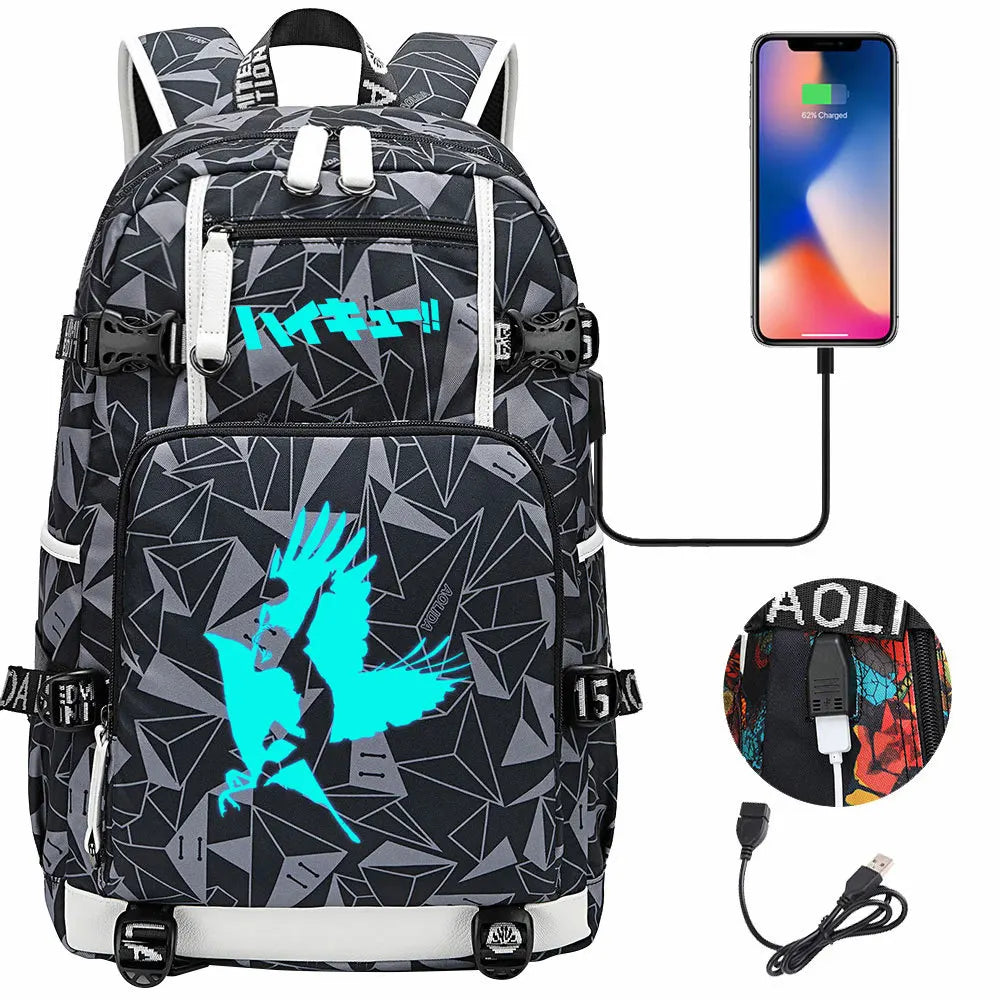 Luminous Anime Haikyuu!! USB Boy Girl Kids Book School Bags Large Capacity Teenagers Schoolbags Women Men Travel Laptop Backpack