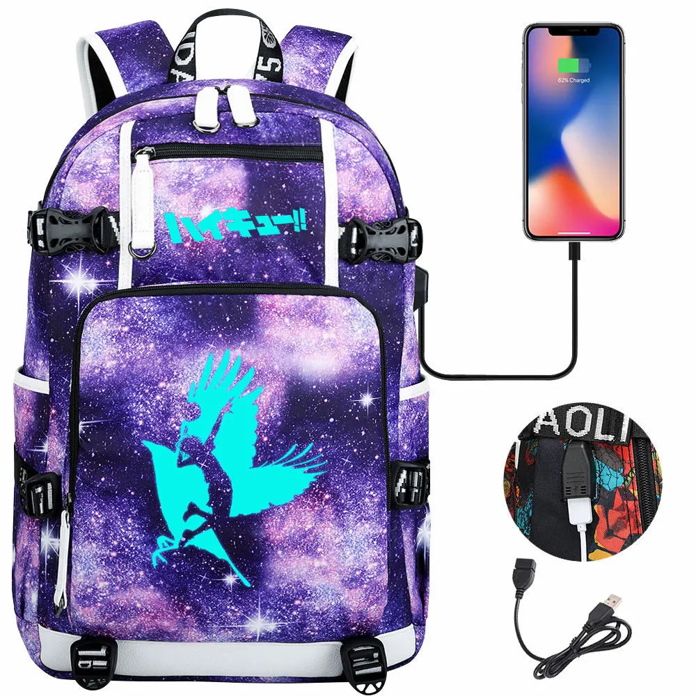 Luminous Anime Haikyuu!! USB Boy Girl Kids Book School Bags Large Capacity Teenagers Schoolbags Women Men Travel Laptop Backpack