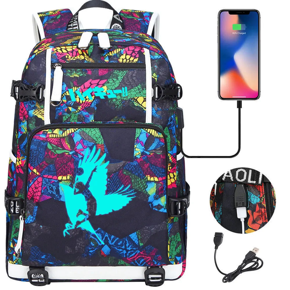 Luminous Anime Haikyuu!! USB Boy Girl Kids Book School Bags Large Capacity Teenagers Schoolbags Women Men Travel Laptop Backpack