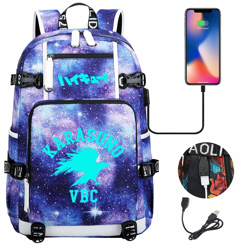 Luminous Anime Haikyuu!! USB Boy Girl Kids Book School Bags Large Capacity Teenagers Schoolbags Women Men Travel Laptop Backpack