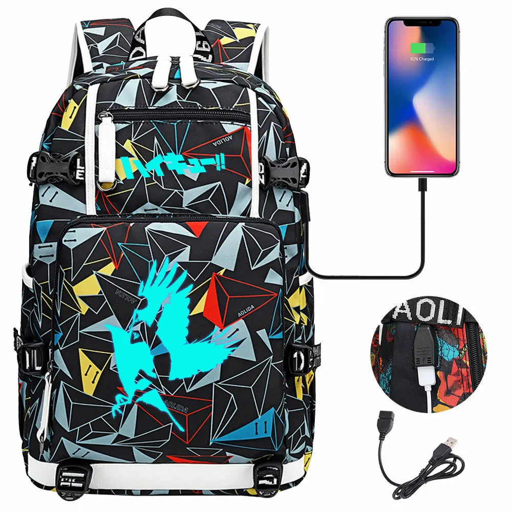 Luminous Anime Haikyuu!! USB Boy Girl Kids Book School Bags Large Capacity Teenagers Schoolbags Women Men Travel Laptop Backpack