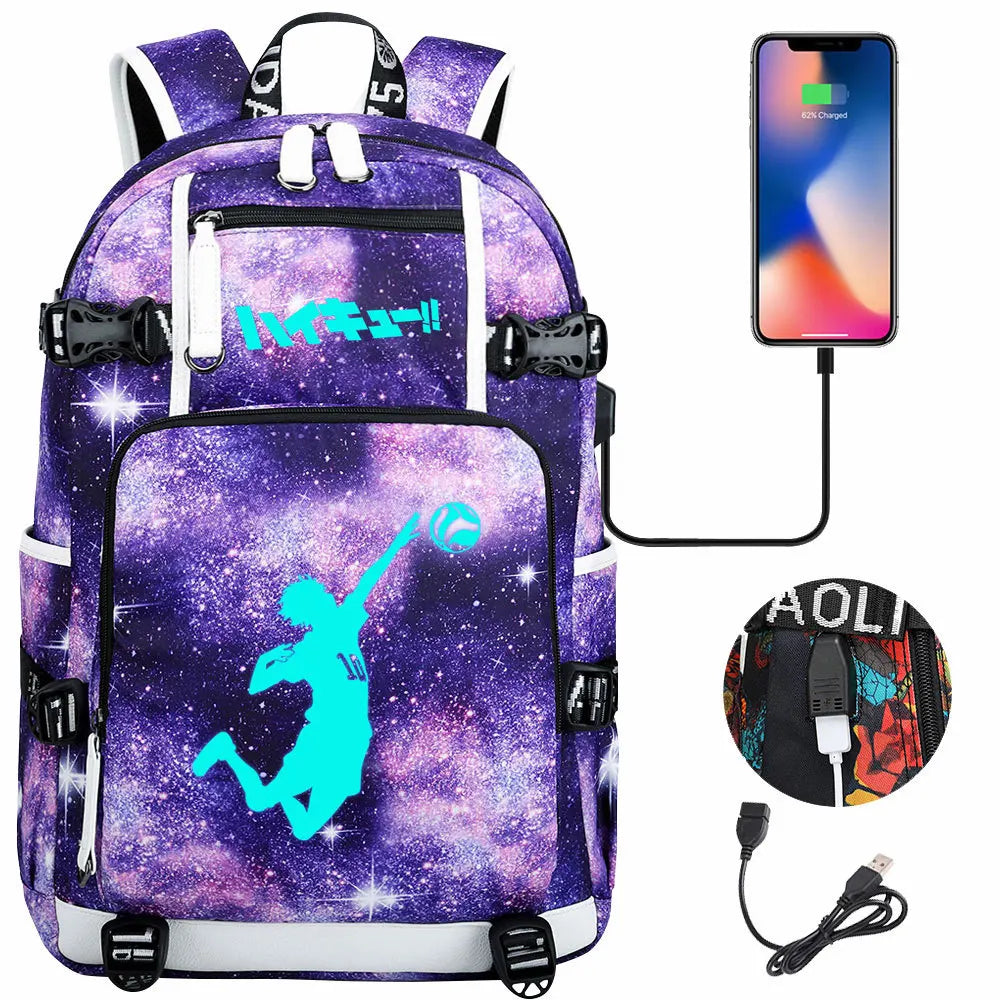Luminous Anime Haikyuu!! USB Boy Girl Kids Book School Bags Large Capacity Teenagers Schoolbags Women Men Travel Laptop Backpack
