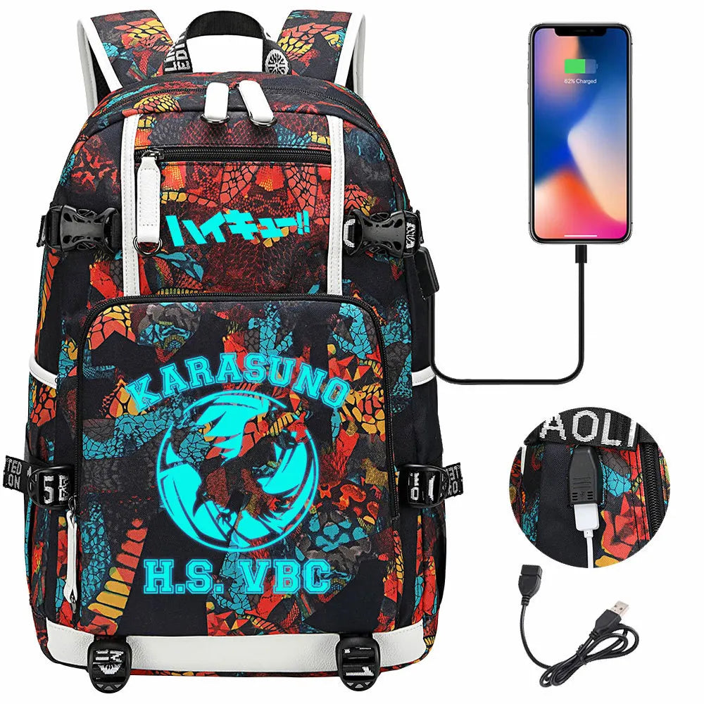 Luminous Anime Haikyuu!! USB Boy Girl Kids Book School Bags Large Capacity Teenagers Schoolbags Women Men Travel Laptop Backpack