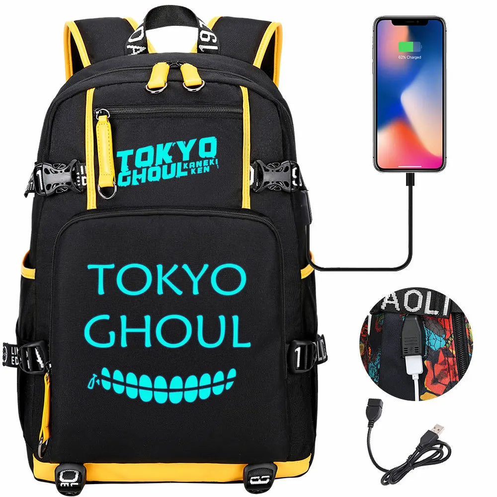 Luminous Anime USB Boys Girls Kids Book Bags Large Capacity Teenagers Schoolbags Women Men Laptop Travel Backpack Tokyo Ghoul