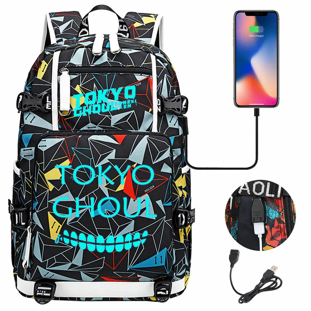 Luminous Anime USB Boys Girls Kids Book Bags Large Capacity Teenagers Schoolbags Women Men Laptop Travel Backpack Tokyo Ghoul