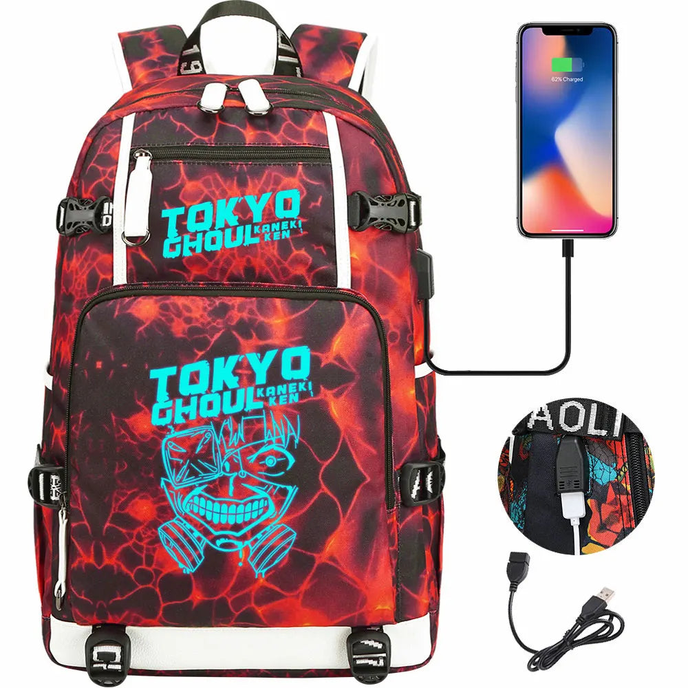 Luminous Anime USB Boys Girls Kids Book Bags Large Capacity Teenagers Schoolbags Women Men Laptop Travel Backpack Tokyo Ghoul