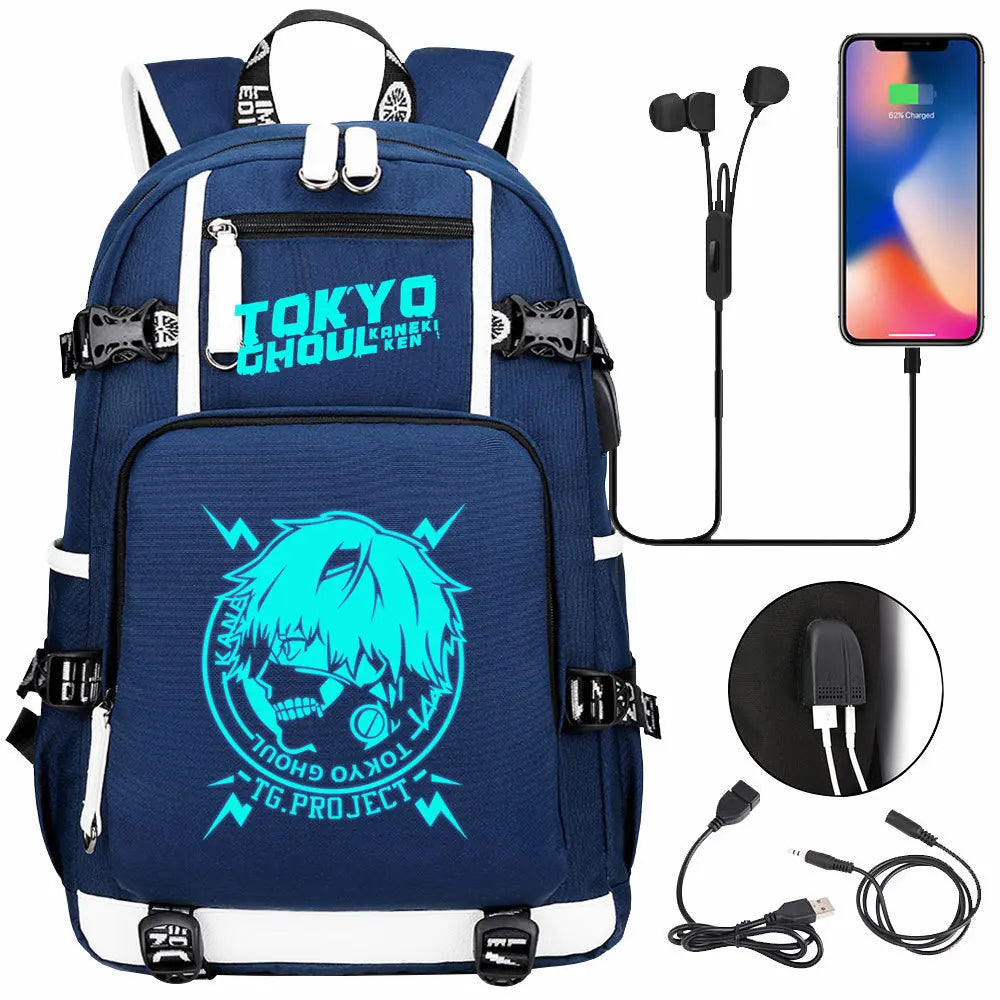 Luminous Anime USB Boys Girls Kids Book Bags Large Capacity Teenagers Schoolbags Women Men Laptop Travel Backpack Tokyo Ghoul