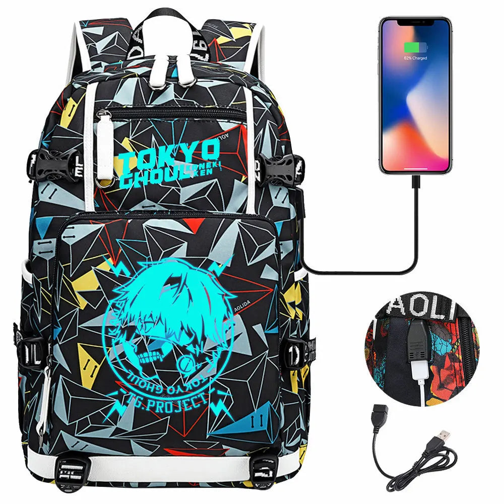 Luminous Anime USB Boys Girls Kids Book Bags Large Capacity Teenagers Schoolbags Women Men Laptop Travel Backpack Tokyo Ghoul
