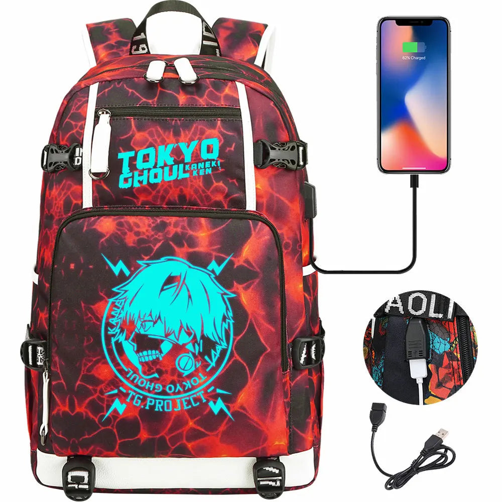 Luminous Anime USB Boys Girls Kids Book Bags Large Capacity Teenagers Schoolbags Women Men Laptop Travel Backpack Tokyo Ghoul