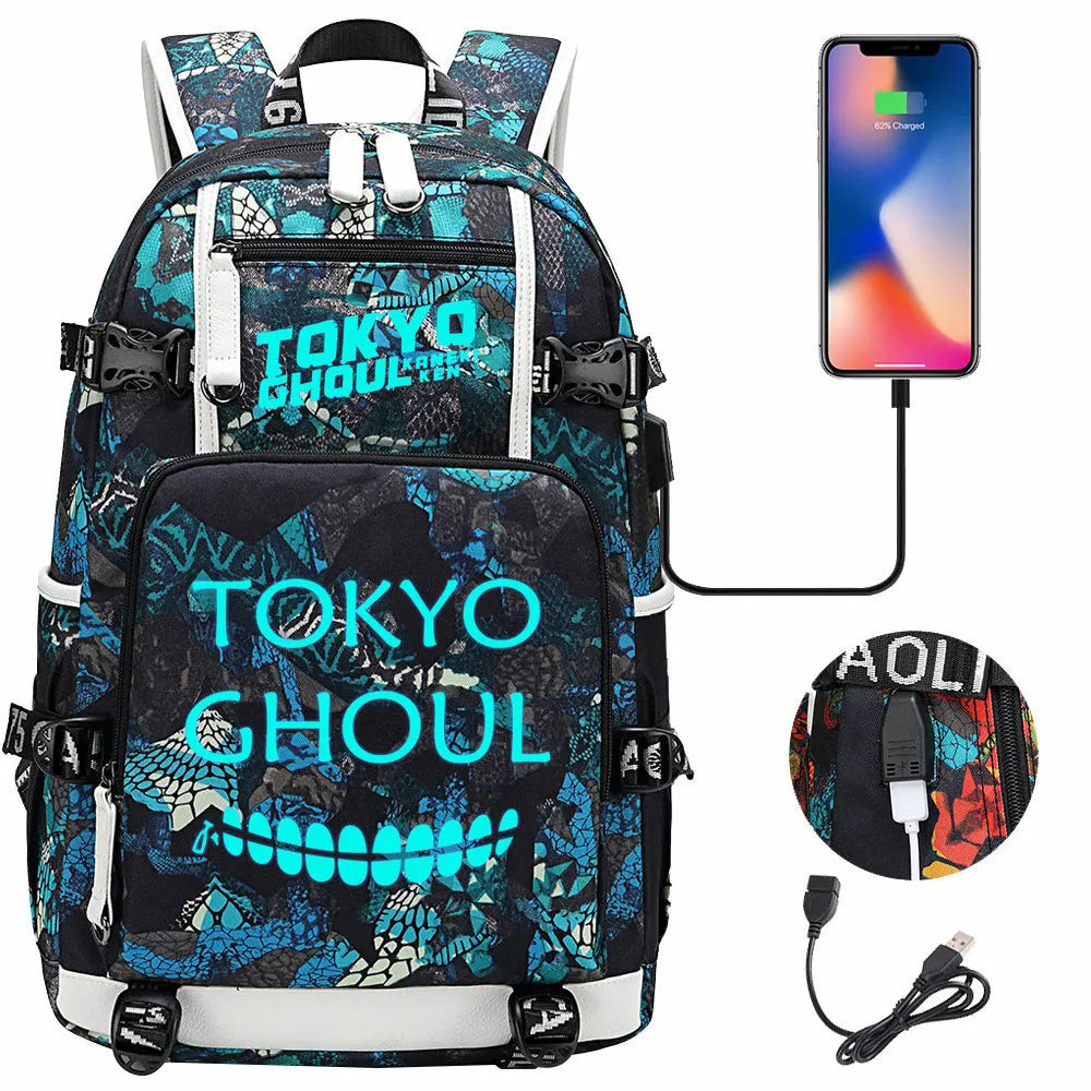 Luminous Anime USB Boys Girls Kids Book Bags Large Capacity Teenagers Schoolbags Women Men Laptop Travel Backpack Tokyo Ghoul