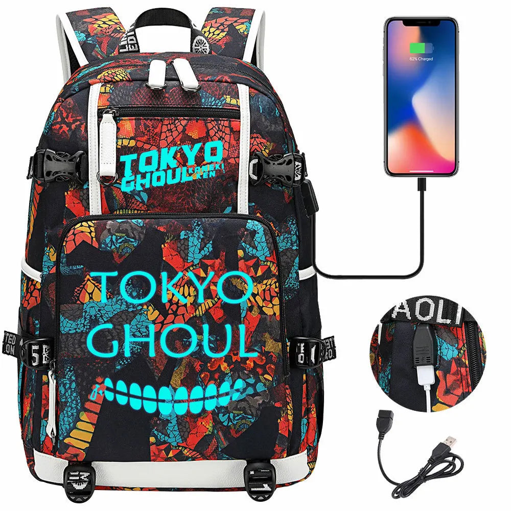 Luminous Anime USB Boys Girls Kids Book Bags Large Capacity Teenagers Schoolbags Women Men Laptop Travel Backpack Tokyo Ghoul