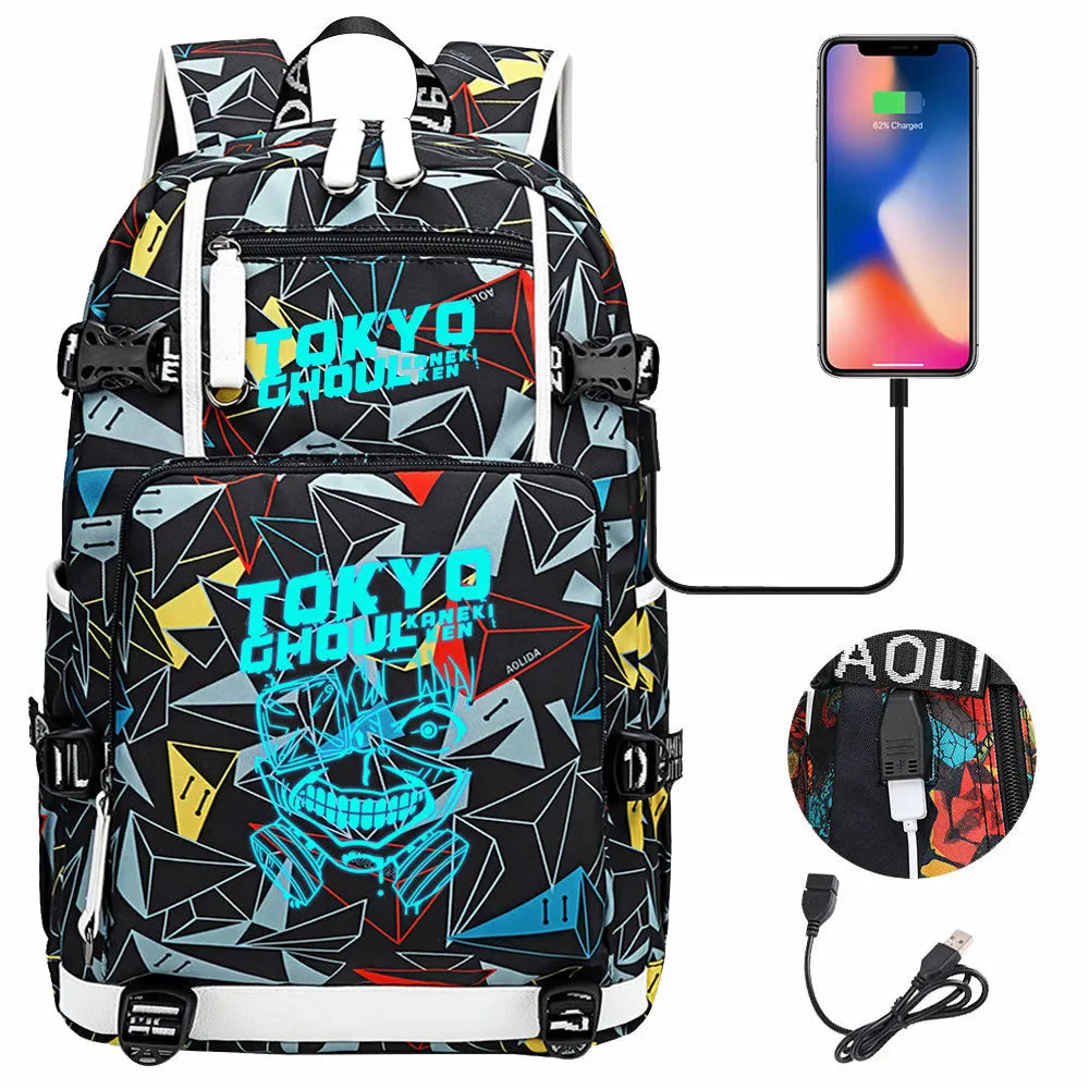 Luminous Anime USB Boys Girls Kids Book Bags Large Capacity Teenagers Schoolbags Women Men Laptop Travel Backpack Tokyo Ghoul