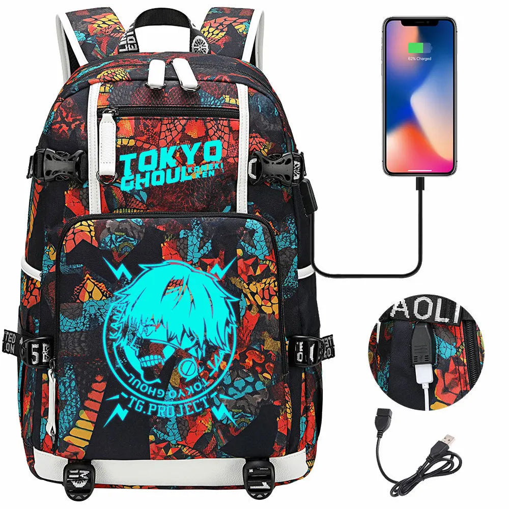 Luminous Anime USB Boys Girls Kids Book Bags Large Capacity Teenagers Schoolbags Women Men Laptop Travel Backpack Tokyo Ghoul