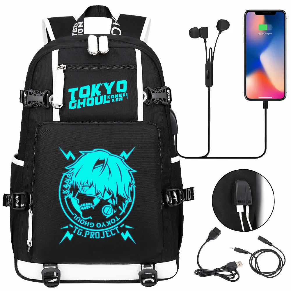 Luminous Anime USB Boys Girls Kids Book Bags Large Capacity Teenagers Schoolbags Women Men Laptop Travel Backpack Tokyo Ghoul