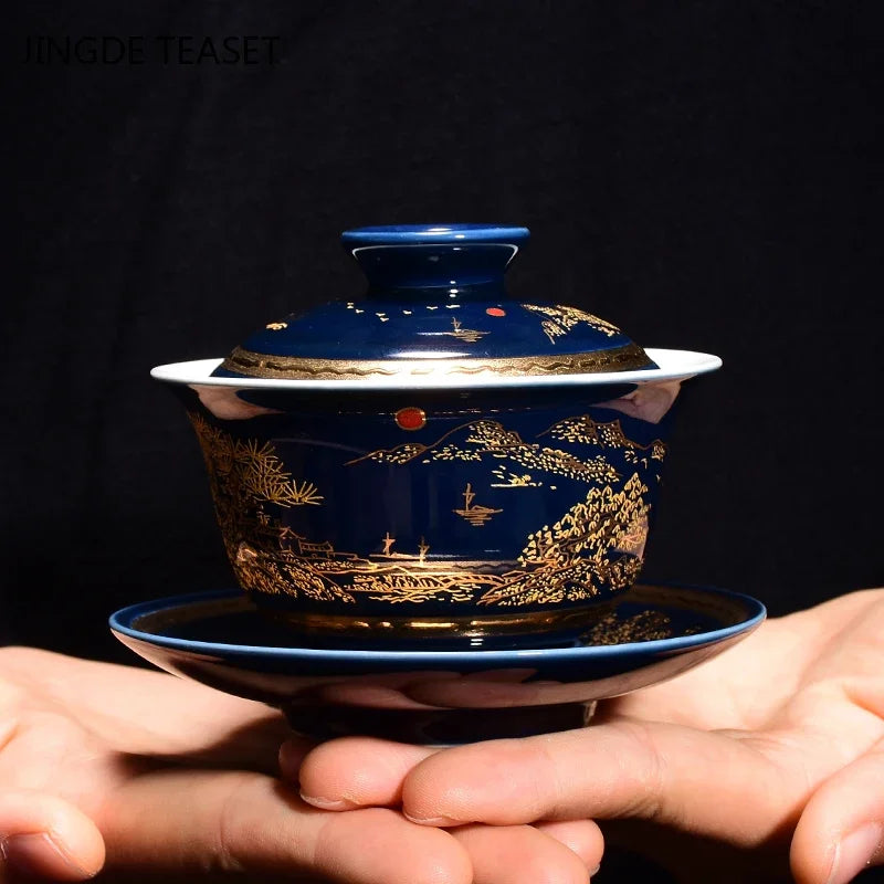 Luxurious Ceramic Gaiwan Teacup handmade Tea tureen Bowl Chinese Blue and white Porcelain Teaware Accessories Drinkware 150ml