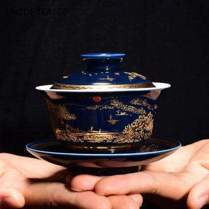 Luxurious Ceramic Gaiwan Teacup handmade Tea tureen Bowl Chinese Blue and white Porcelain Teaware Accessories Drinkware 150ml