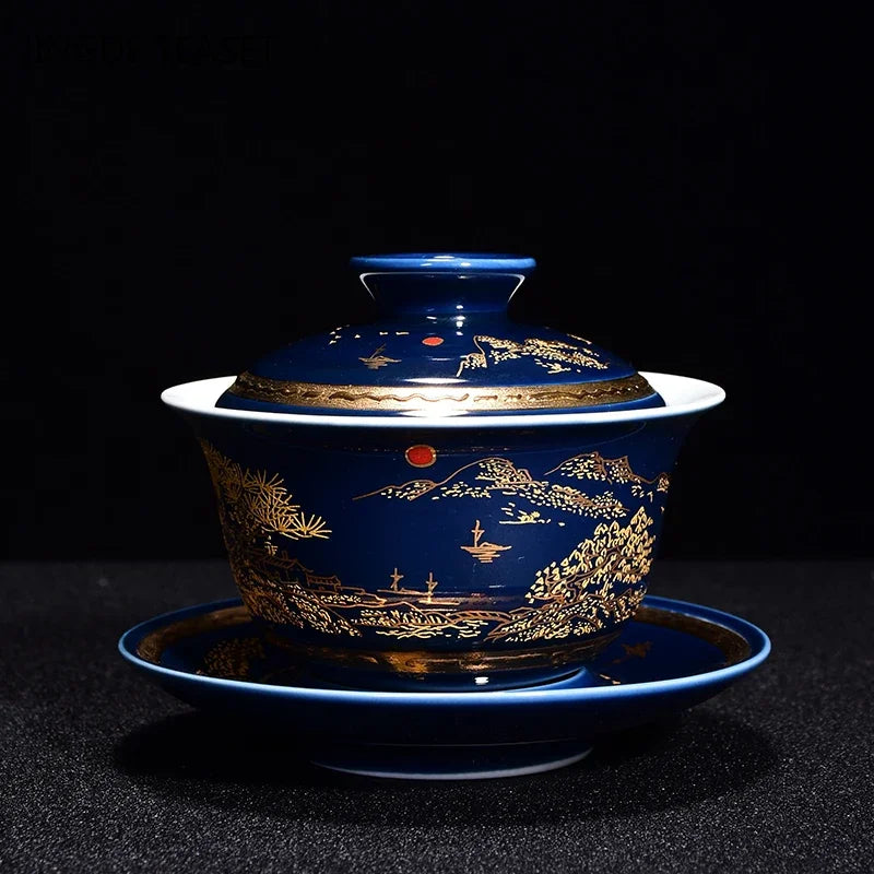 Luxurious Ceramic Gaiwan Teacup handmade Tea tureen Bowl Chinese Blue and white Porcelain Teaware Accessories Drinkware 150ml