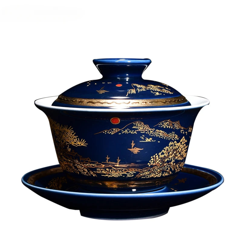 Luxurious Ceramic Gaiwan Teacup handmade Tea tureen Bowl Chinese Blue and white Porcelain Teaware Accessories Drinkware 150ml