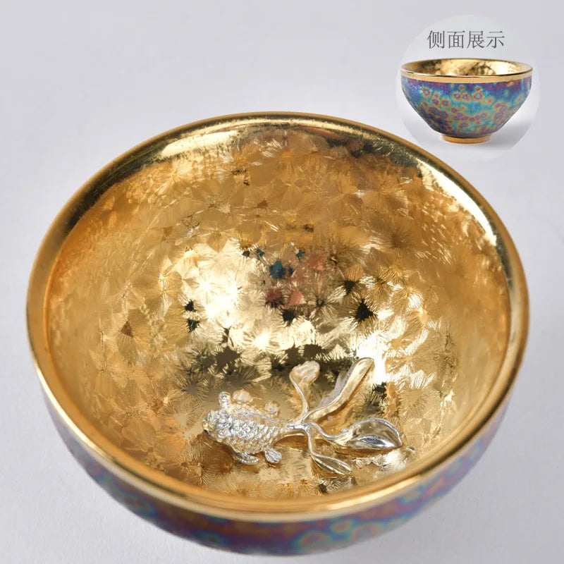 Luxurious gold-plated silver inset tea set single cup Kung fu tea set Zodiac master cup ceramic kiln cup kitchen restaurant bar