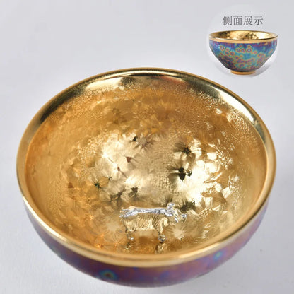 Luxurious gold-plated silver inset tea set single cup Kung fu tea set Zodiac master cup ceramic kiln cup kitchen restaurant bar