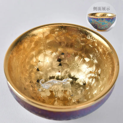 Luxurious gold-plated silver inset tea set single cup Kung fu tea set Zodiac master cup ceramic kiln cup kitchen restaurant bar