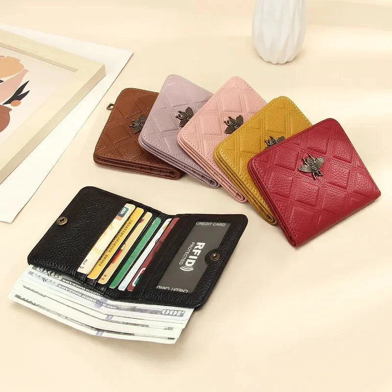 Luxury Brand Bee Decoration Women Leather RFID Blocking Small Bifold Zipper Pocket Wallet Card Case Purse with ID Window