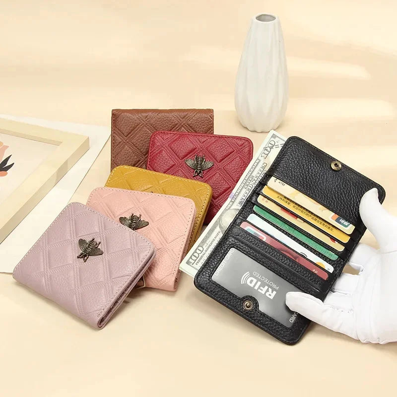 Luxury Brand Bee Decoration Women Leather RFID Blocking Small Bifold Zipper Pocket Wallet Card Case Purse with ID Window