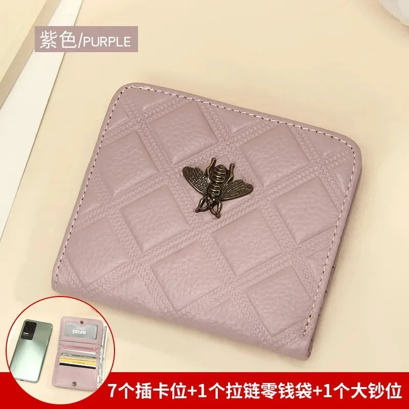 Luxury Brand Bee Decoration Women Leather RFID Blocking Small Bifold Zipper Pocket Wallet Card Case Purse with ID Window