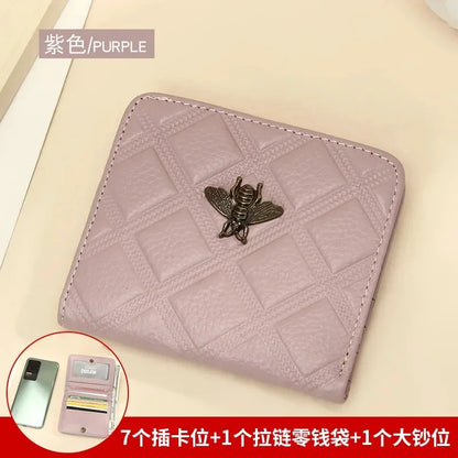 Luxury Brand Bee Decoration Women Leather RFID Blocking Small Bifold Zipper Pocket Wallet Card Case Purse with ID Window