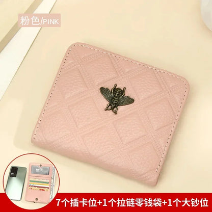 Luxury Brand Bee Decoration Women Leather RFID Blocking Small Bifold Zipper Pocket Wallet Card Case Purse with ID Window
