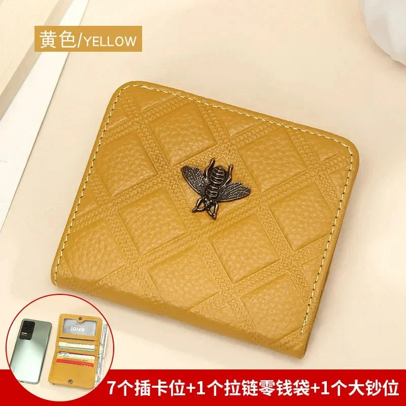 Luxury Brand Bee Decoration Women Leather RFID Blocking Small Bifold Zipper Pocket Wallet Card Case Purse with ID Window
