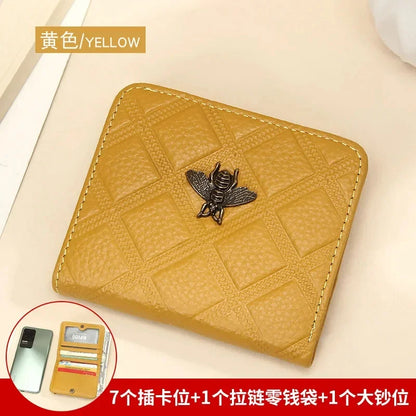 Luxury Brand Bee Decoration Women Leather RFID Blocking Small Bifold Zipper Pocket Wallet Card Case Purse with ID Window