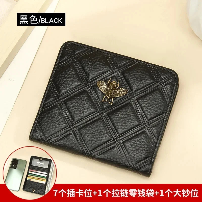 Luxury Brand Bee Decoration Women Leather RFID Blocking Small Bifold Zipper Pocket Wallet Card Case Purse with ID Window