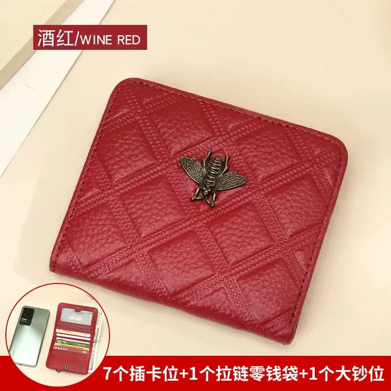 Luxury Brand Bee Decoration Women Leather RFID Blocking Small Bifold Zipper Pocket Wallet Card Case Purse with ID Window