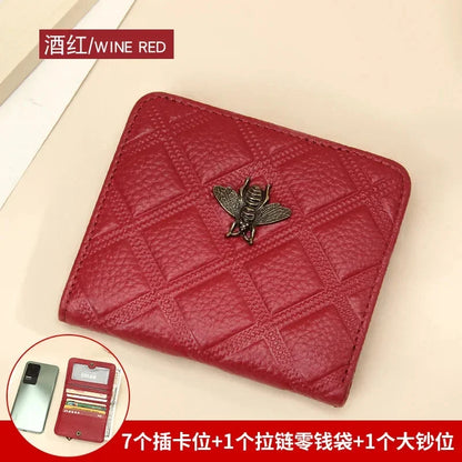 Luxury Brand Bee Decoration Women Leather RFID Blocking Small Bifold Zipper Pocket Wallet Card Case Purse with ID Window