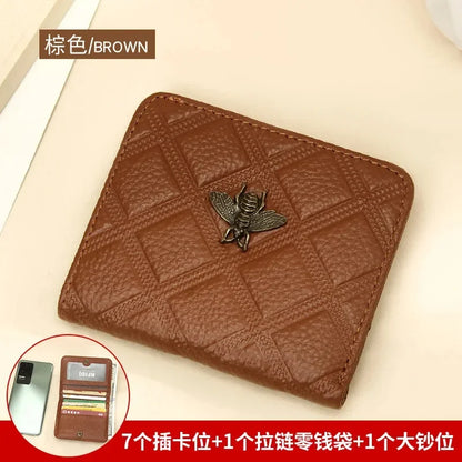 Luxury Brand Bee Decoration Women Leather RFID Blocking Small Bifold Zipper Pocket Wallet Card Case Purse with ID Window