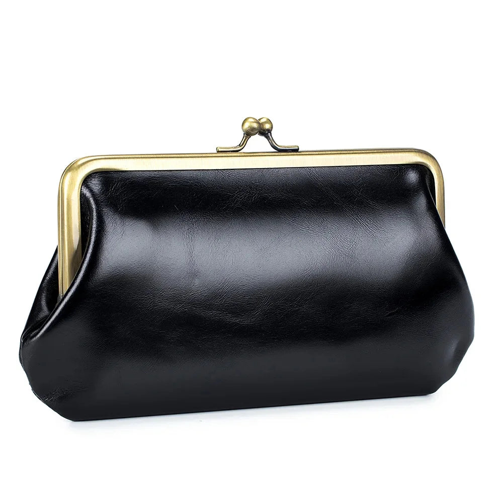 Luxury Brand Kisslock Women's Genuine Women Wallet Size Clutch Bag Laides Long Clip Cow Leather Phone Purse