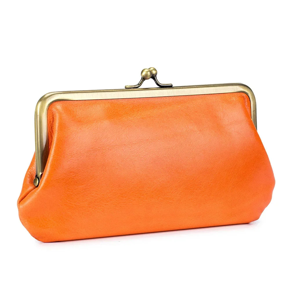 Luxury Brand Kisslock Women's Genuine Women Wallet Size Clutch Bag Laides Long Clip Cow Leather Phone Purse