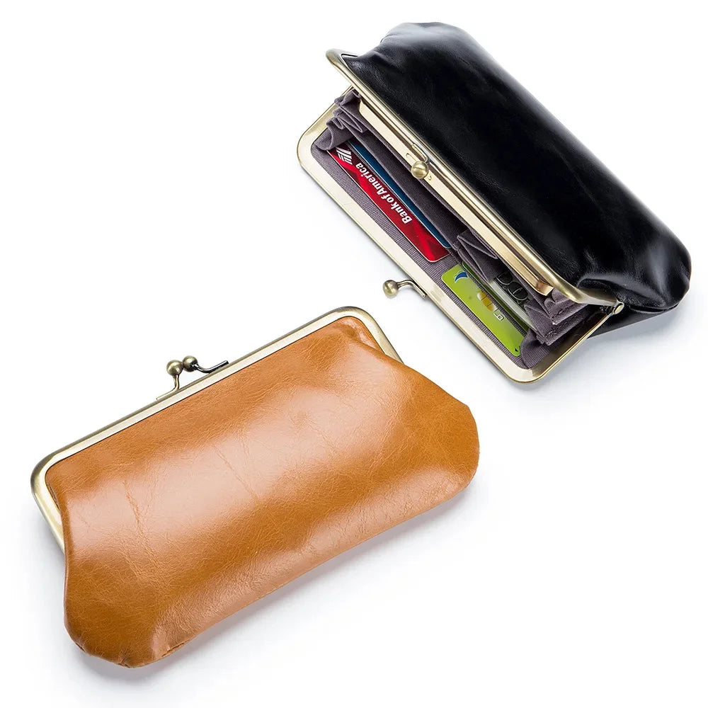 Luxury Brand Kisslock Women's Genuine Women Wallet Size Clutch Bag Laides Long Clip Cow Leather Phone Purse