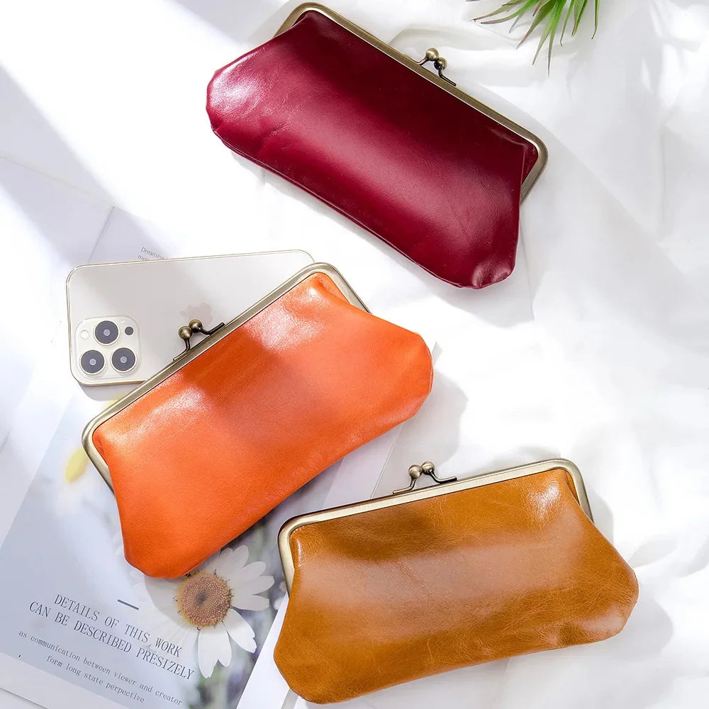 Luxury Brand Kisslock Women's Genuine Women Wallet Size Clutch Bag Laides Long Clip Cow Leather Phone Purse