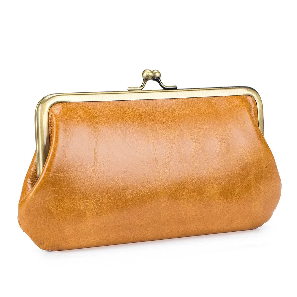 Luxury Brand Kisslock Women's Genuine Women Wallet Size Clutch Bag Laides Long Clip Cow Leather Phone Purse