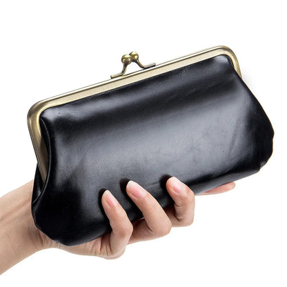 Luxury Brand Kisslock Women's Genuine Women Wallet Size Clutch Bag Laides Long Clip Cow Leather Phone Purse