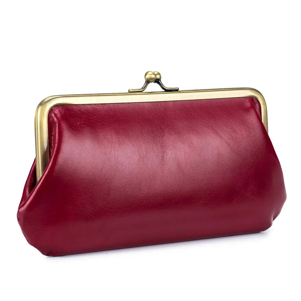 Luxury Brand Kisslock Women's Genuine Women Wallet Size Clutch Bag Laides Long Clip Cow Leather Phone Purse