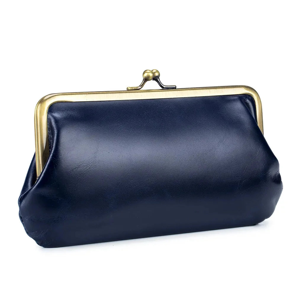 Luxury Brand Kisslock Women's Genuine Women Wallet Size Clutch Bag Laides Long Clip Cow Leather Phone Purse