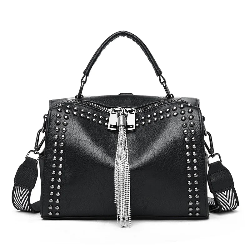 Luxury Brand Women Leather Handbags Fashion Rivet Tassels Women Bag Black Crossbody Bags 2021 soft Leather Shoulder Bag Women